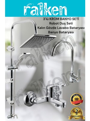 Ralken 3'lü Banyo Seti; Krom Robot Duş Seti, Banyo Bataryası ve Lavabo Bataryası - Yağmurlama Tepe Duş Takımı