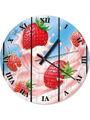 30 cm Çap Çilekli Süt Zamanı Desenli Modern Duvar Saati