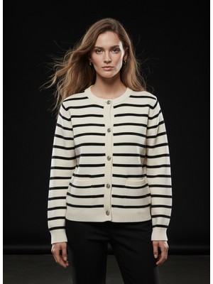 Studio Fashion 1988 Kadın Siyah Çizgili Cep Detaylı Triko Hırka