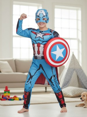 Kaptan Amerika Kalkanlı Kaslı Çocuk Kostümü