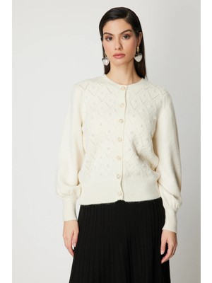 On Kadın Inci Düğmeli Triko Hırka 63922 Ekru