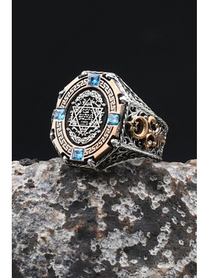 Prestige Özel Tasarım Hz. Süleyman Mührü Aquamarine Taşlı 925 Ayar Gümüş Yüzük 902483