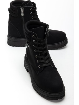 Dilimler Ayakkabı Kadın Bot Siyah Düz Topuk Bağcıklı Bilek Streç
