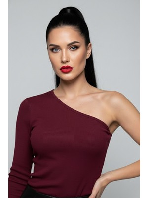 Bordo Tek Omuz Uzun Kollu Kaşkorse Kadın Bluz