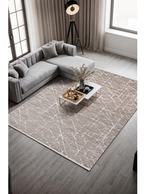 Cotto Home Clay CT006A Bej Halı Modern Geometrik Desenli Triko Akrilik Pamuk Tabanlı Kaymaz Salon Halısı