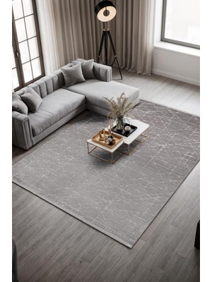 Cotto Home Clay CT007A Gri Halı Modern Geometrik Desenli Triko Akrilik Pamuk Tabanlı Kaymaz Salon Halısı