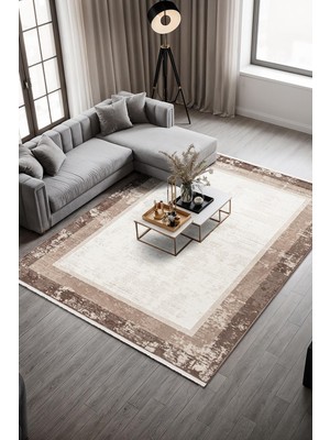 Cotto Home Valera CT003ABej Halı Kahverengi Kenar Çerçeveli Akrilik Tozuaz Modern Salon Halısı Yatak Odası