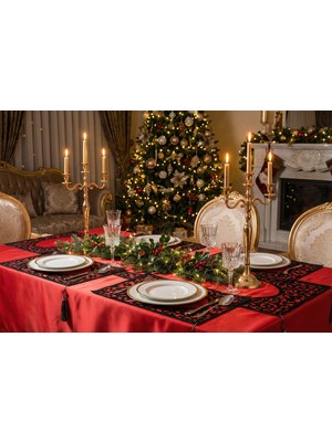 Finezza Asil Kadife Keten Siyah Kırmızı Sofra Takımı 8 KŞ.160X230 26 Prç. - 1254