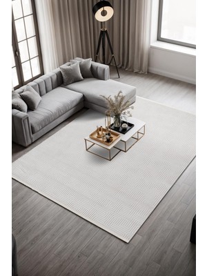 Cotto Home Clay CT004A Beyaz Halı Modern Desenli Triko Akrilik Pamuk Tabanlı Kaymaz Salon Oturma Odası Halısı