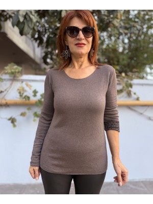 Denizege Butik Küçük Kalıp Iç Leopar Desen Yuvarlak Yaka Kahve