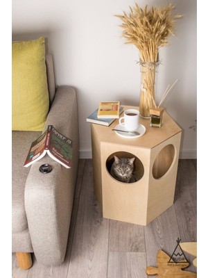 Feyza Design Doğal Ahşap Kedi Yatağı ve Sehpa Seti, Şirin ve Konforlu Tasarım