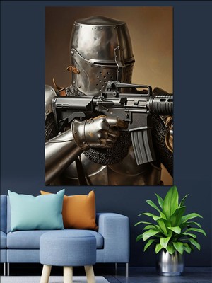 Artmeg Silahlı Şövalye Asker Çizimi Dekoratif Kanvas - Mdf Ahşap Tablo