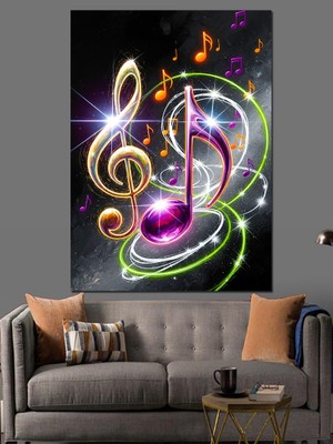 Artmeg Renkli Müzik Notaları Işıltılı Dekoratif Kanvas - Mdf Ahşap Tablo