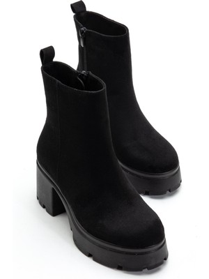 Dilimler Ayakkabı Topuklu Bot Kadın Platform Siyah Süet Yüzüdüz Fermuarlı