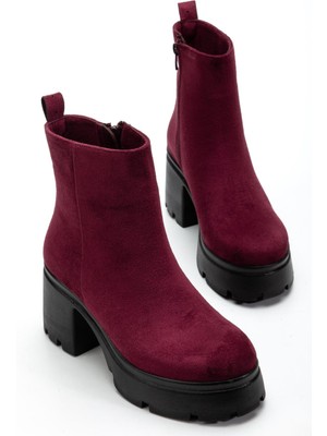 Dilimler Ayakkabı Topuklu Bot Kadın Platform Bordo Süet Yüzüdüz Fermuarlı