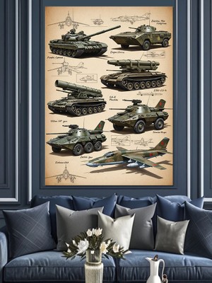 Artmeg Askeri Tank Çizim Şeması Dekoratif Kanvas - Mdf Ahşap Tablo