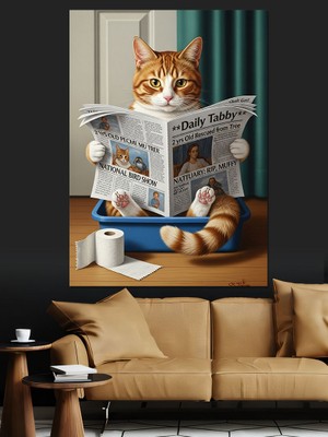 Karizma Tablo Tuvalette Gazete Okuyan Kedi Dekoratif Kanvas - Mdf Ahşap Tablo