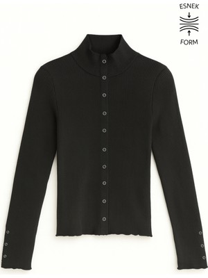 Mixray 6983 Kadın Dik Yaka Fitilli Çıtçıtlı Triko Hırka Siyah