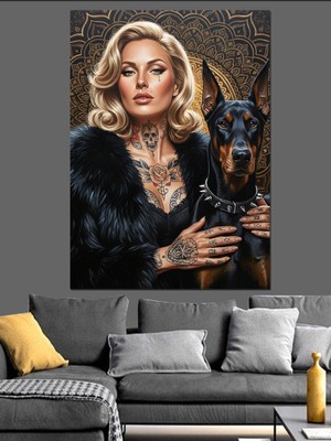 Artmeg Sarışın Kadın ve Doberman Dekoratif Kanvas - Mdf Ahşap Tablo