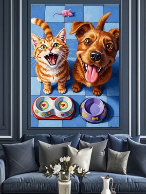 Artmeg Gülümseyen Kedi ve Köpek Dekoratif Kanvas - Mdf Ahşap Tablo