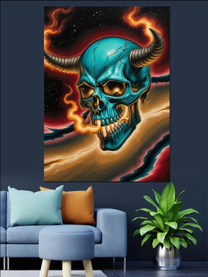 Artmeg Boynuzlu Mavi Kuru Kafa Dekoratif Kanvas - Mdf Ahşap Tablo