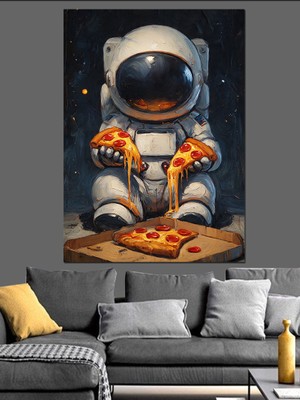 Artmeg Pizza Yiyen Astronot Çizimi Dekoratif Kanvas - Mdf Ahşap Tablo