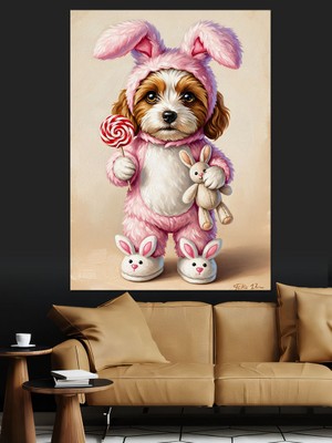 Tablomega Tavşan Kostümlü Köpek Yavrusu Dekoratif Kanvas - Mdf Ahşap Tablo