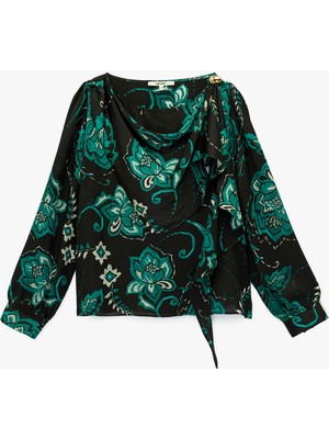 Koton Etnik Çiçek Desenli Uzun Kollu Şal Yaka Saten Bluz