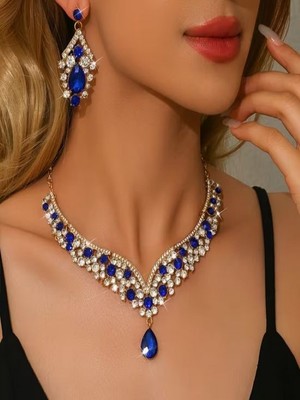 Alya's Aksesuar Şık ve Parıltılı Gümüş Kaplama Takı Seti-Düğün, Nişan, Kına, Parti