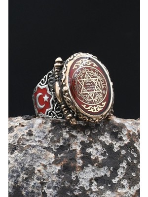 Prestige Hz. Süleyman Mührü - Ay Yıldızlı -  Kelime-I Tevhid Yazlı 925 Ayar Gümüş Erkek Yüzük Mineli 902488