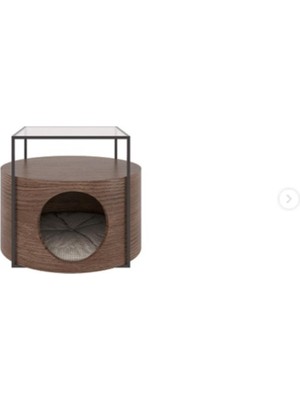 Feyza Design Şık Ahşap Kedi Evi ve Sehpa - Cam Yüzeyli, Ceviz Renkli Tasarım