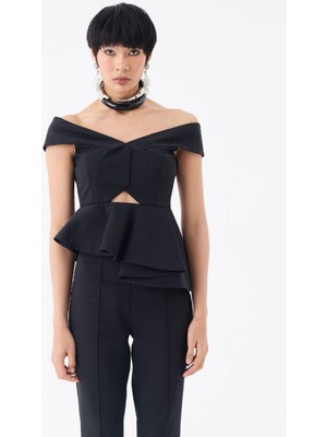 Rivus Asimetrik Volan Detaylı Omuzsuz Bustiyer Bluz - Siyah