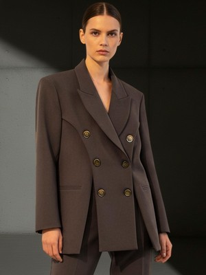 Rivus Çift Düğmeli ve Önü Yırtmaç Detaylı Blazer Ceket - Kahve