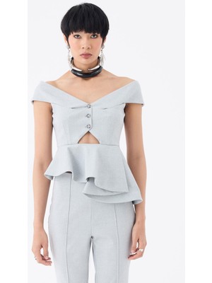 Rivus Çapraz Kayık Yaka Düğmeli Bluz - Gri Çizgili