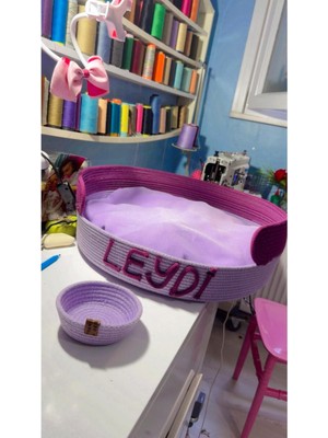 Feyza Design Lila Mor Kedi Yatağı ve Kuru Mama Kabı Paspası Seti