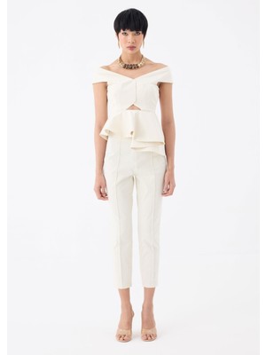 Rivus Yüksek Belli Nervür Dikişli Sigara Paça Pantolon - Ekru