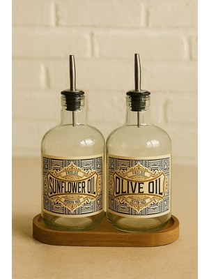 Frolde Ahşap Stantlı 2'li Çeliktıpalı 750ML Cam Ayçiçek Yağı Zeytinyağı Şişesi Yağdanlık Vintage Retro