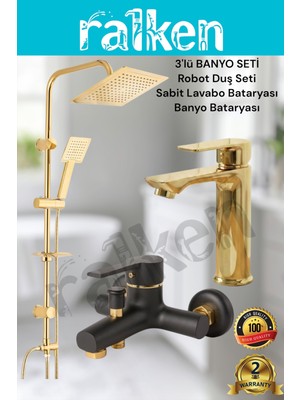 Ralken 3'lü Gold Banyo Seti; Gold (Altın) Robot Duş Seti, Siyah Gold Banyo Bataryası ve Sabit Lavabo Bataryası - Yağmurlama Tepe Duş Takımı