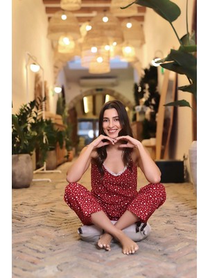 Lodos Store Aydoğan Kadın İp Askılı Dantel Detaylı Kapri Pijama Takımı Kalp Desenli
