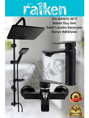 Ralken 3'lü Siyah Banyo Seti; Siyah Robot Duş Seti, Kare Siyah Banyo Bataryası ve Sabit Lavabo Bataryası - Yağmurlama Tepe Duş Takımı