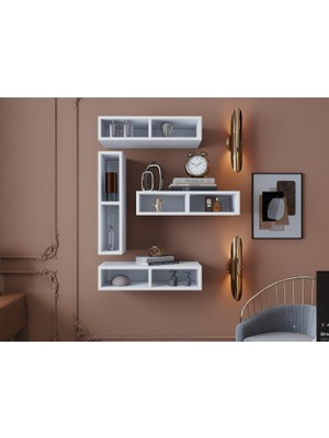 Nettrends Modüler 4’lü Asimetrik Raf Seti BEYAZ-NRG-DVR-1015