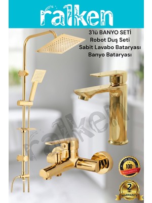 Ralken 3'lü Gold Banyo Seti; Gold (Altın) Robot Duş Seti, Gold Banyo Bataryası ve Sabit Lavabo Bataryası - Yağmurlama Tepe Duş Takımı