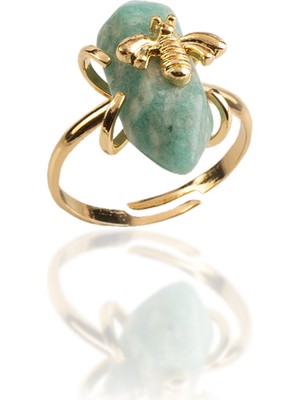 Larimar Doğal Taş Çift Uçlu Prizma Kesim Pirinç Üzeri Altın Kaplama Ayarlanabilir Yüzük