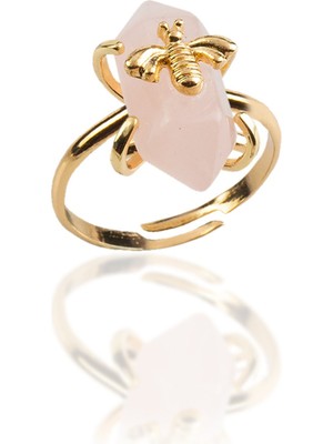 Pembe Kuvars Doğal Taş Çift Uçlu Prizma Kesim Pirinç Üzeri Altın Kaplama Ayarlanabilir Yüzük