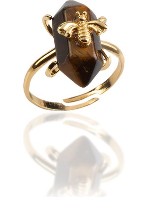 Kaplan Gözü Doğal Taş Çift Uçlu Prizma Kesim Pirinç Üzeri Altın Kaplama Ayarlanabilir Yüzük