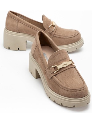 Dilimler Ayakkabı Vizon Süet Kadın Kalın Topuklu Günlük Ayakkabı Kalın Taban Tokalı