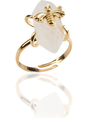 Kristal Kuvars Doğal Taş Çift Uçlu Prizma Kesim Pirinç Üzeri Altın Kaplama Ayarlanabilir Yüzük