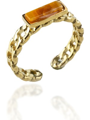 Kaplan Gözü Doğal Taş Çelik Dikdörtgen Kesim Ayarlanabilir Yüzük