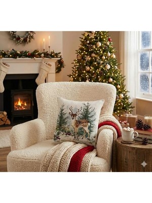 Believe Yavru Ceylan Jakarlı Dokuma Goblen  Dekoratif Yılbaşı Simli Kırlent 45*45