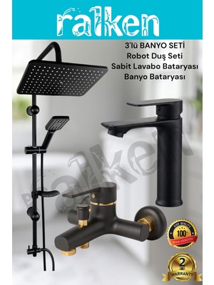 Ralken 3'lü Siyah Banyo Seti; Siyah Robot Duş Seti, Siyah Gold Banyo Bataryası ve Sabit Lavabo Bataryası - Yağmurlama Tepe Duş Takımı